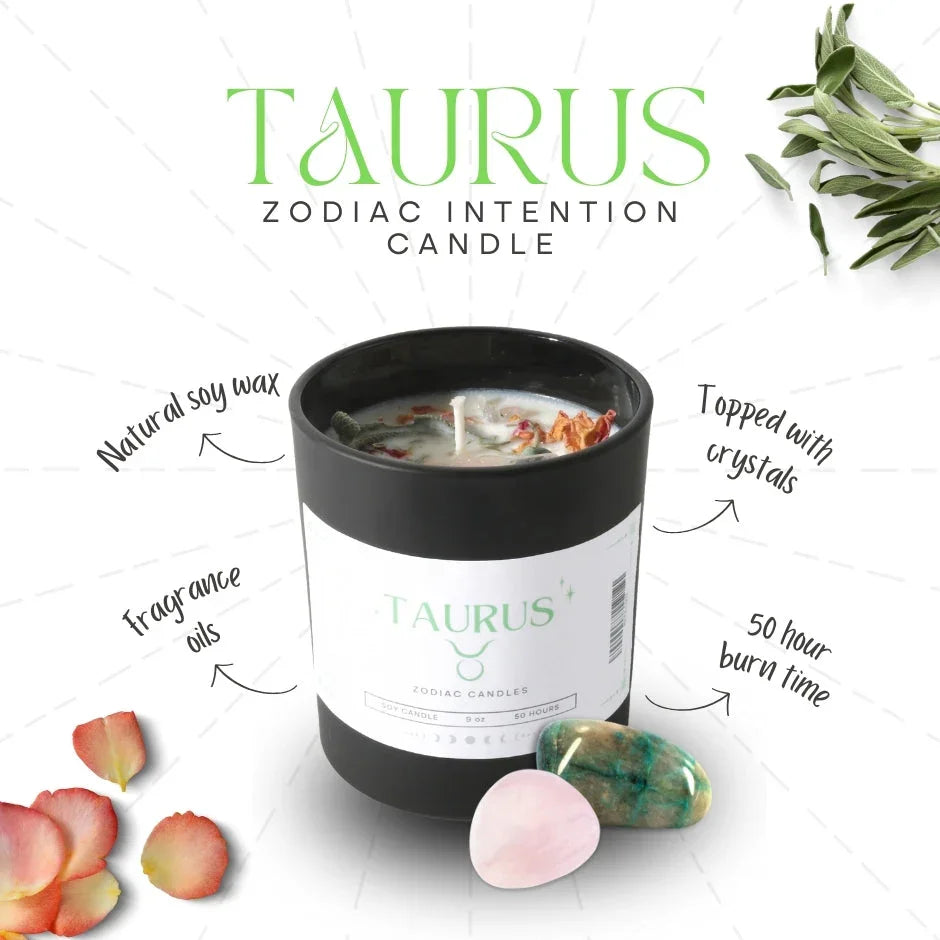 Taurus zodiac intention candle in black jar, topped with crystals, soy wax, petals, and stones