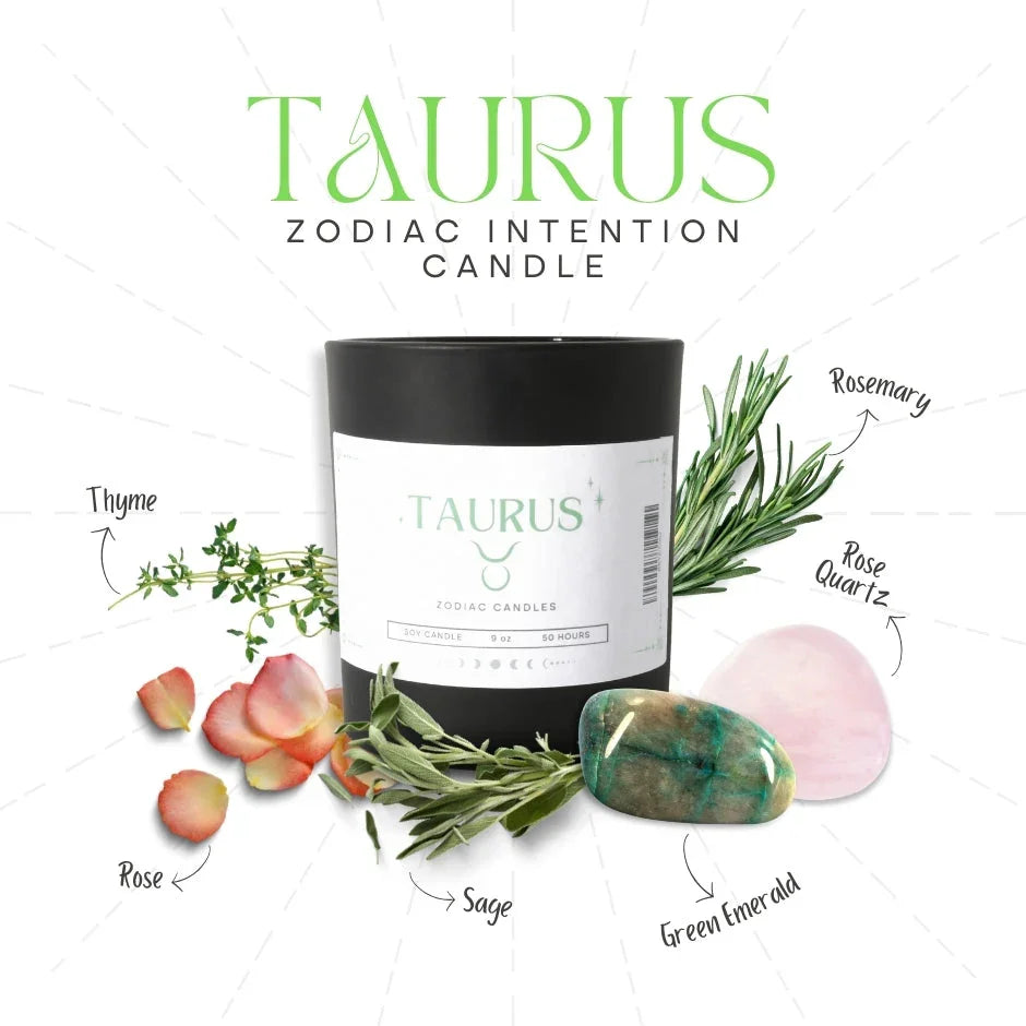 Taurus zodiac intention candle with rose, rosemary, thyme, sage, green emerald, and rose quartz