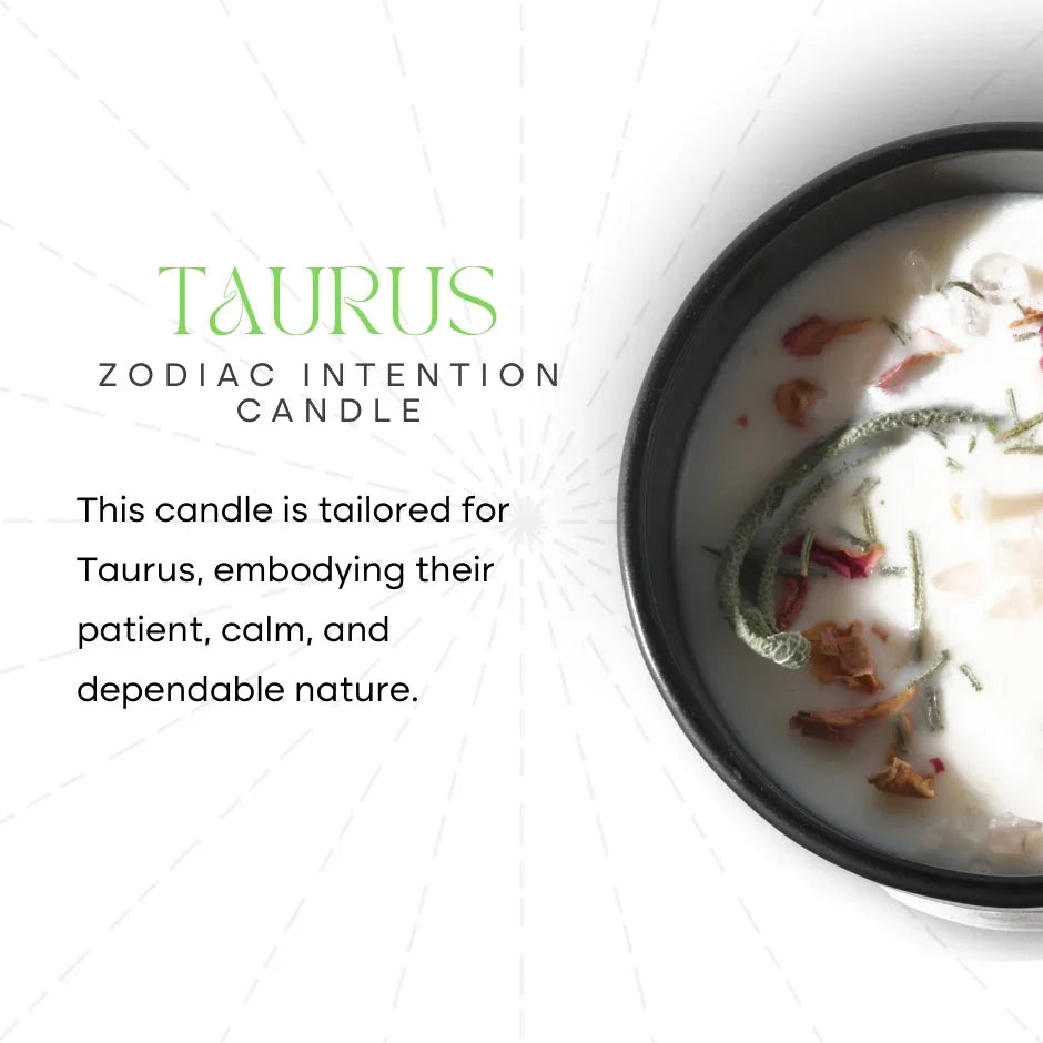 Taurus zodiac intention candle with herbs and crystals in a black glass container.