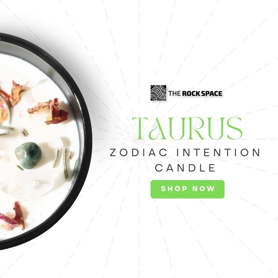Taurus zodiac intention candle with crystals and dried flowers, shop now at The Rock Space.