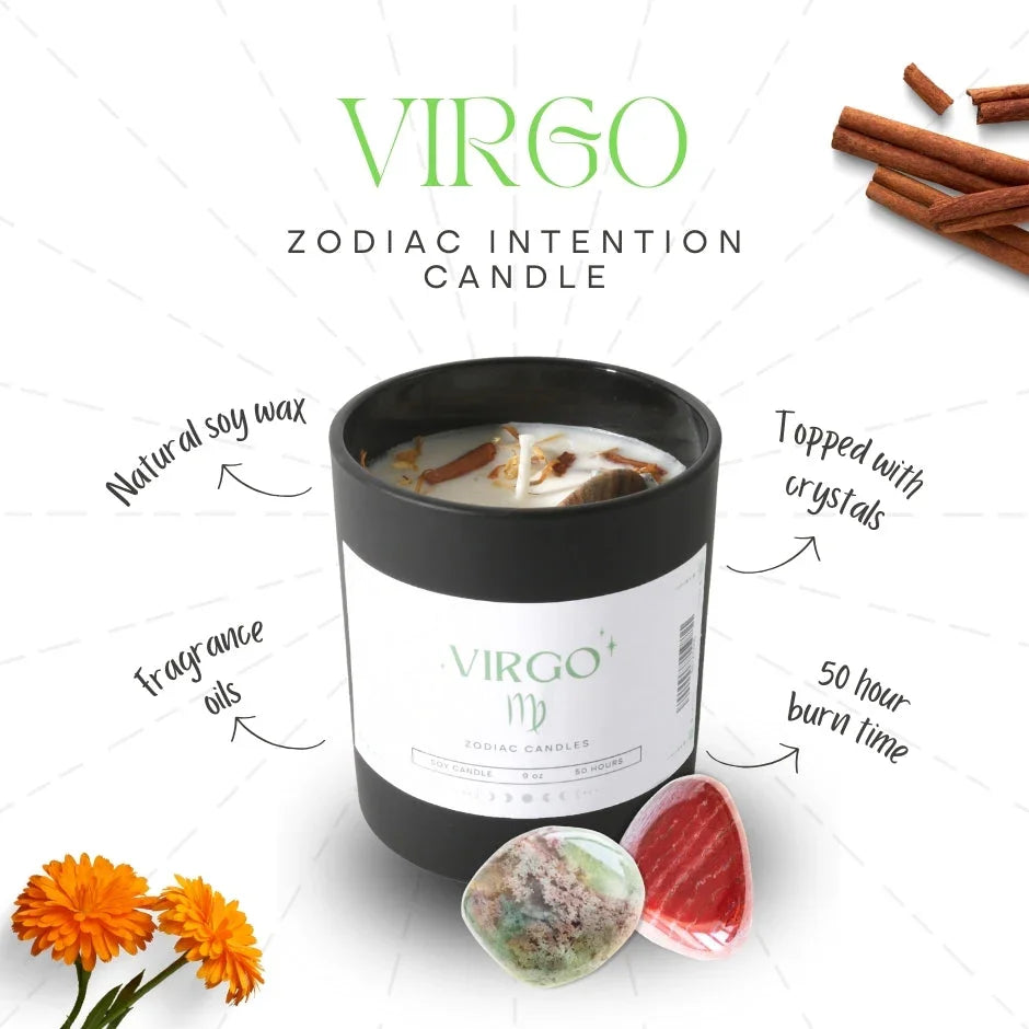 Virgo zodiac intention soy candle with crystals, cinnamon sticks, and flowers.