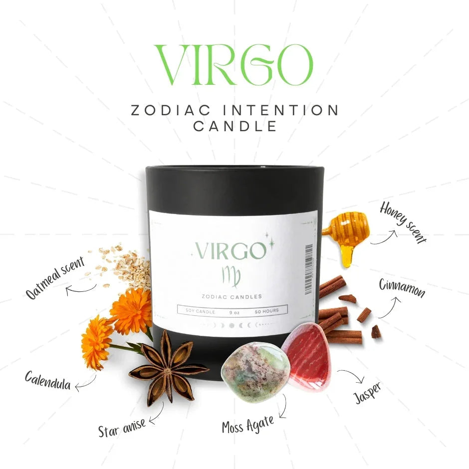 Virgo zodiac intention candle with oatmeal, calendula, star anise, moss agate, jasper, cinnamon, and honey scent
