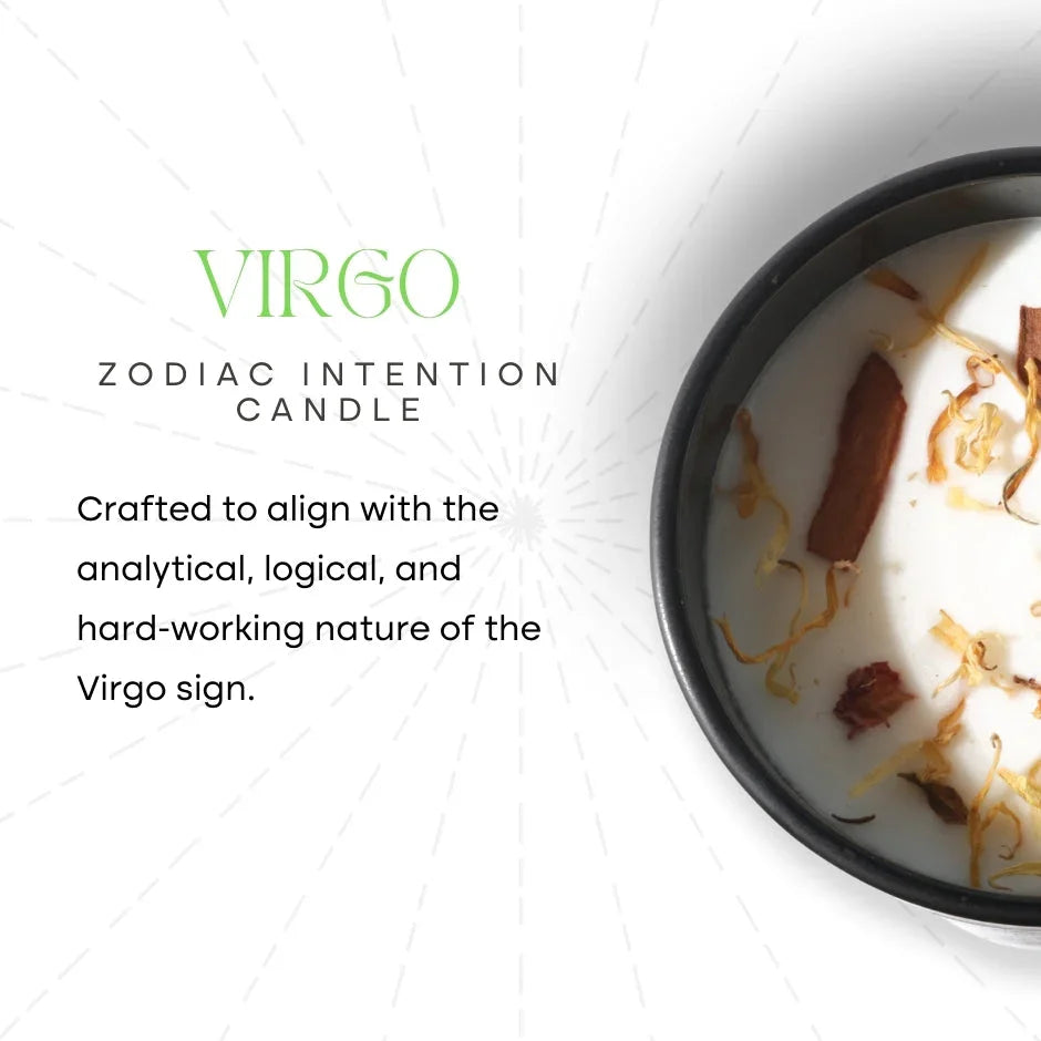 Virgo zodiac intention candle with herbs in black bowl, zodiac-themed wellness product.
