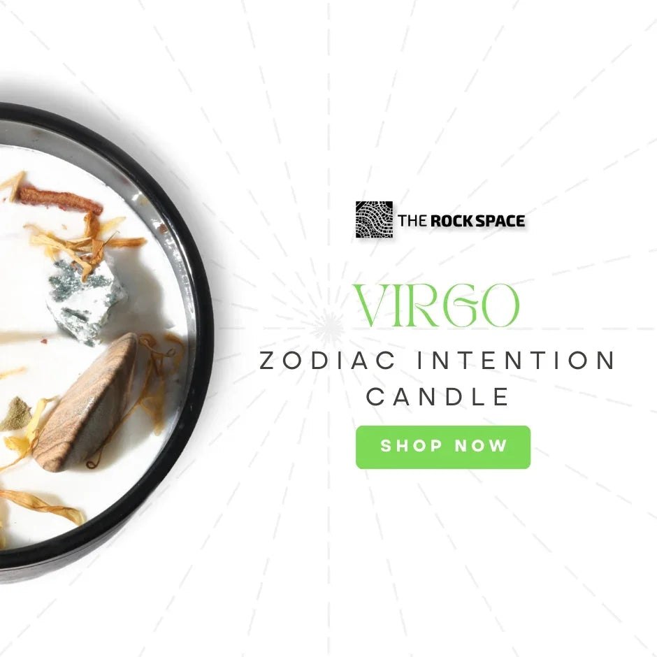 Virgo zodiac intention candle with crystals and herbs in a black bowl, The Rock Space branding