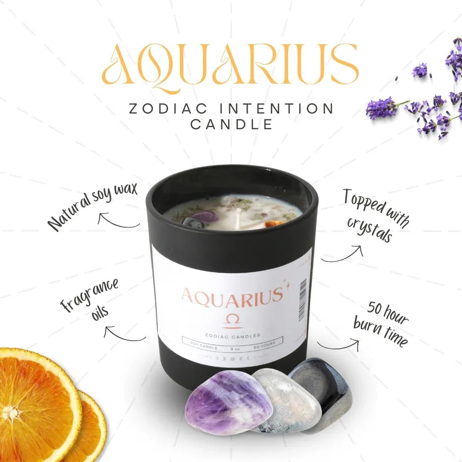 Aquarius zodiac intention candle in black jar, topped with crystals, soy wax, lavender, orange slices