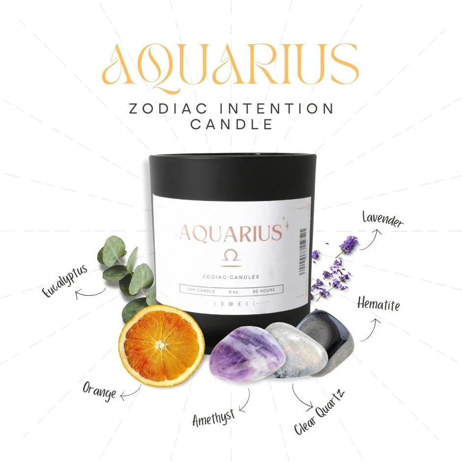 Aquarius zodiac intention candle with amethyst, clear quartz, hematite, orange slice, eucalyptus, and lavender.