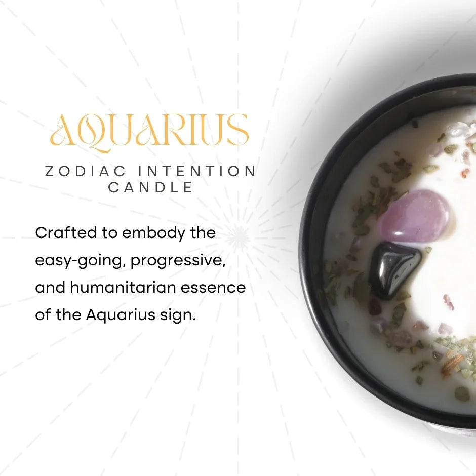 Aquarius zodiac intention candle with crystals and herbs in a black tin, astrology-themed design.