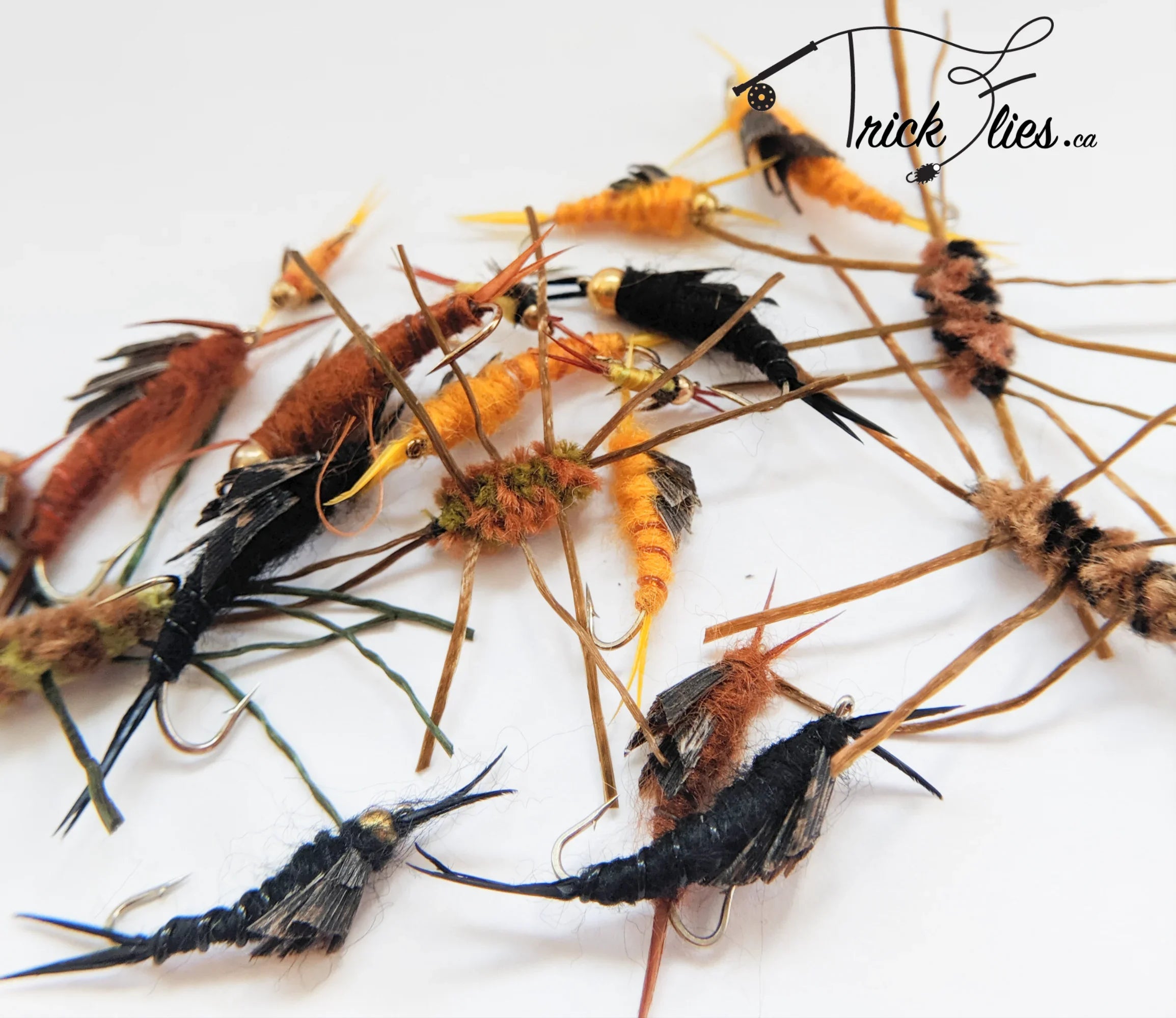 Assorted realistic fishing nymph flies on white background, Trick Flies logo in corner