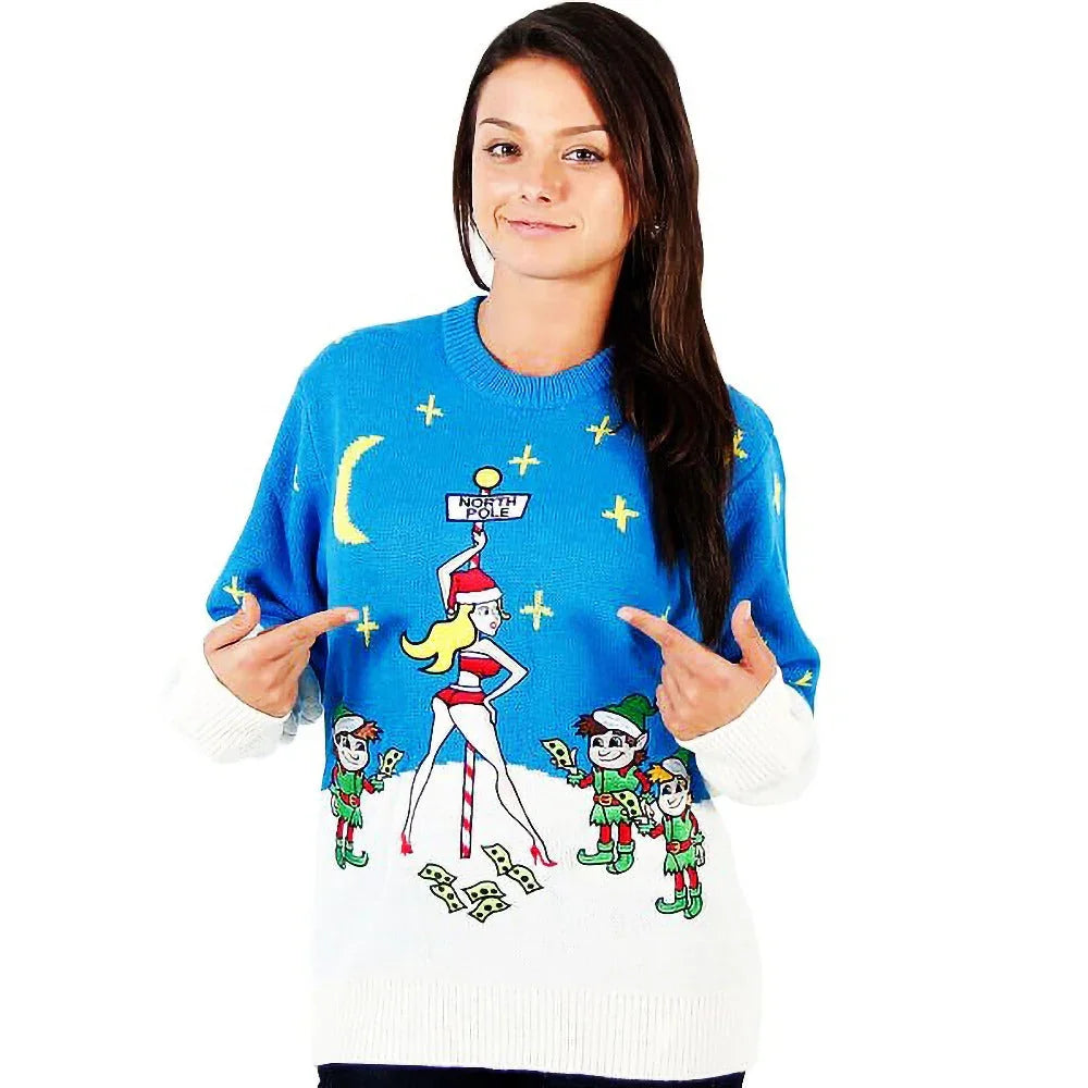 Woman wearing blue ugly Christmas sweater with pole dancer and elves cartoon design