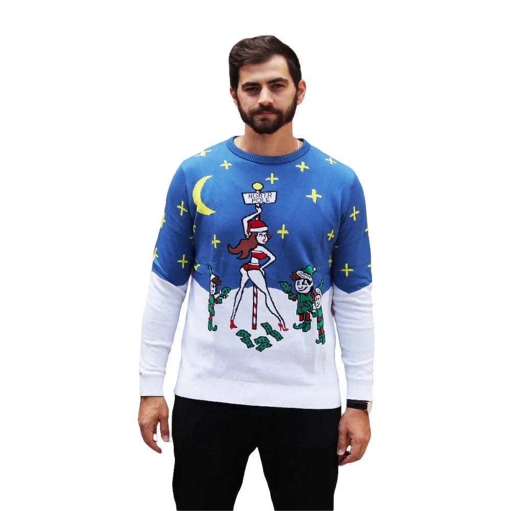 Man wearing a novelty Christmas sweater with a pole dancing cartoon and elf graphics