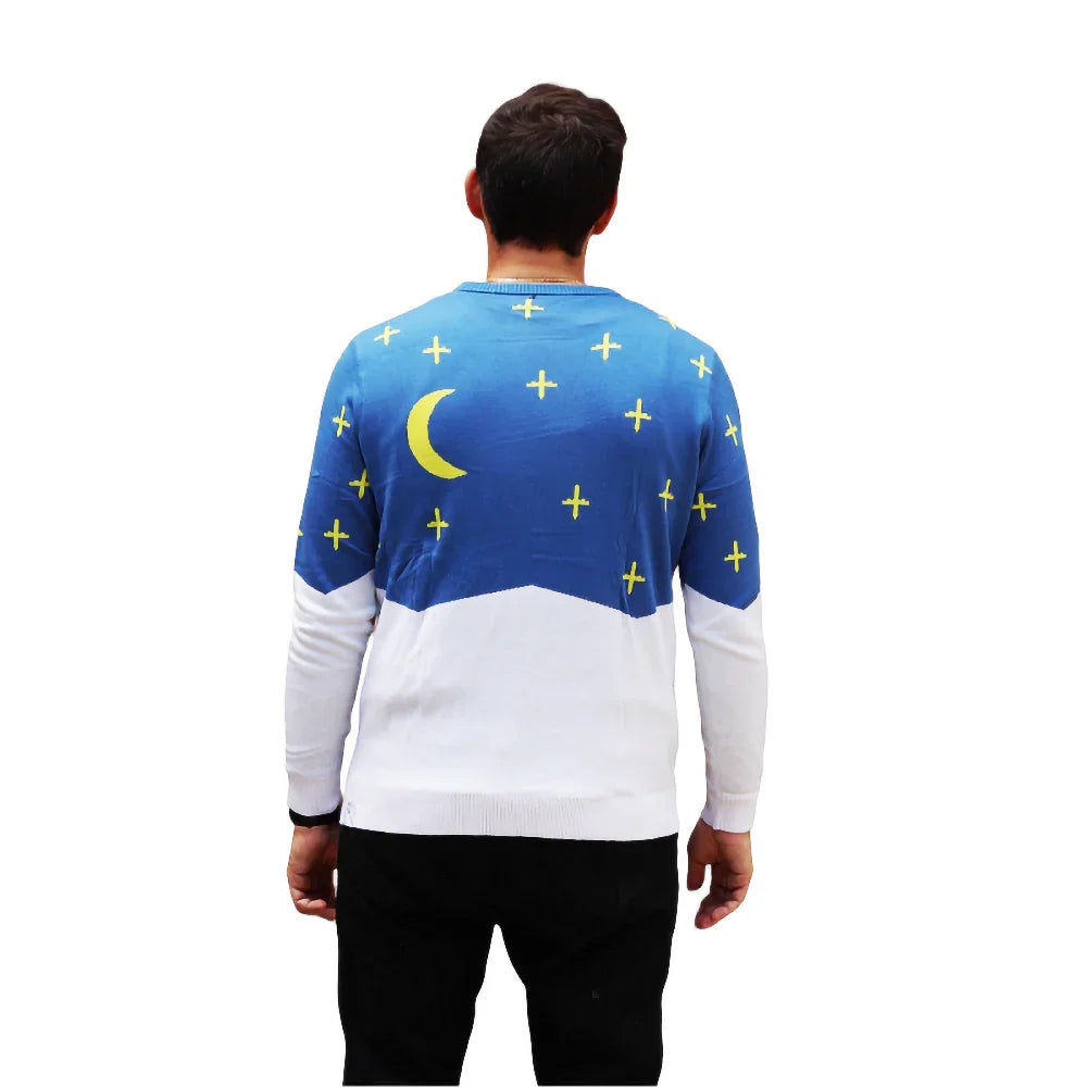 Man wearing blue and white sweater with yellow crescent moon and crosses on back