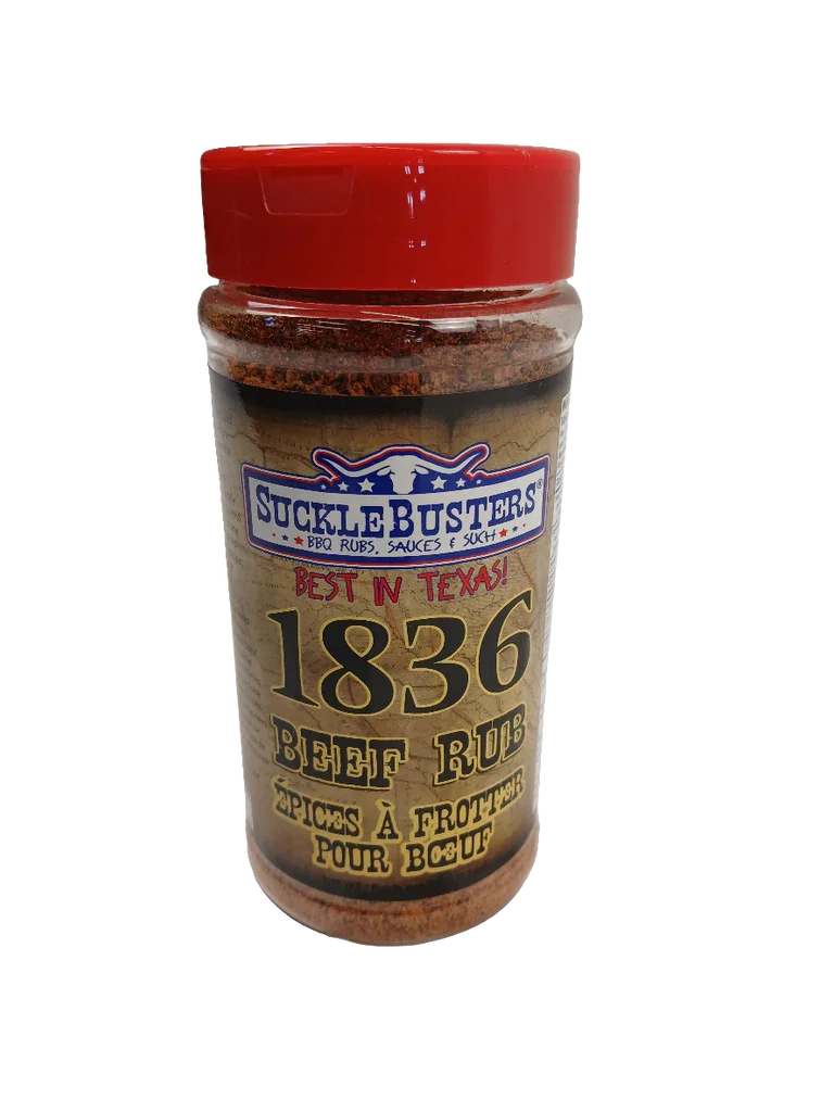 SuckleBusters 1836 Beef Rub seasoning bottle with red lid and brown label