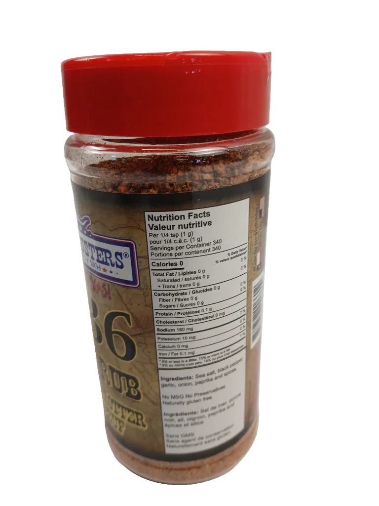 BBQ rub seasoning spice jar with red lid, nutrition facts and ingredients label