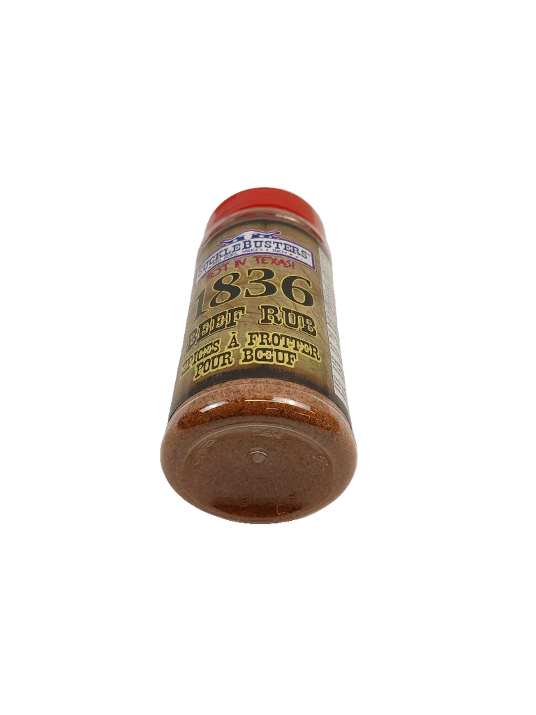 1836 Beef Rub seasoning bottle with red cap from Texas, labeled GooseBusters