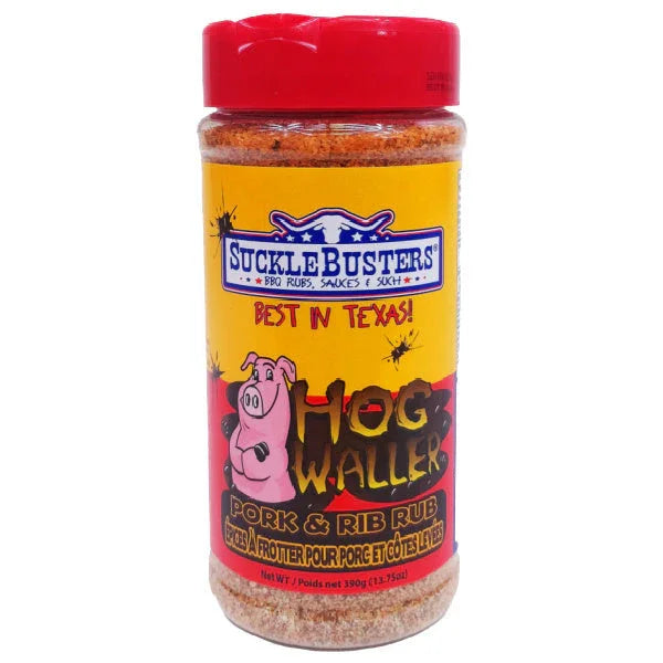 SuckleBusters Hog Waller pork and rib rub seasoning bottle with red lid and yellow label