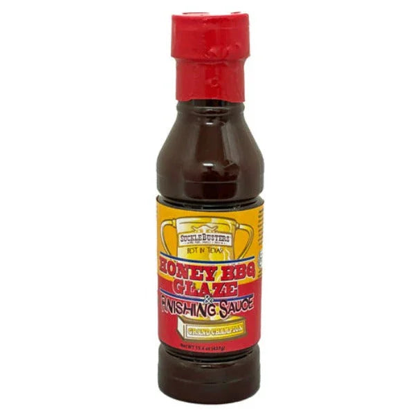 SuckleBusters Honey BBQ Glaze and Finishing Sauce bottle with red cap