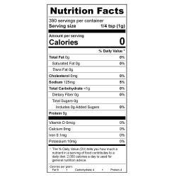 Nutrition Facts label, 1/4 tsp serving size, 0 calories, low sodium, no fat or sugar.