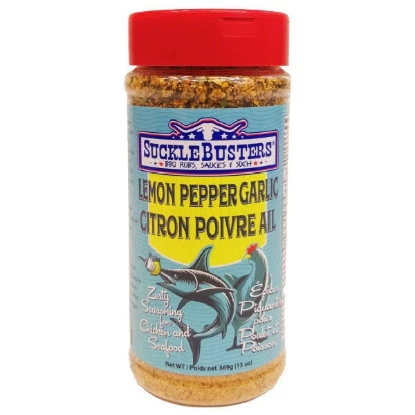 SuckleBusters Lemon Pepper Garlic seasoning bottle with red lid and fish graphic, 369g