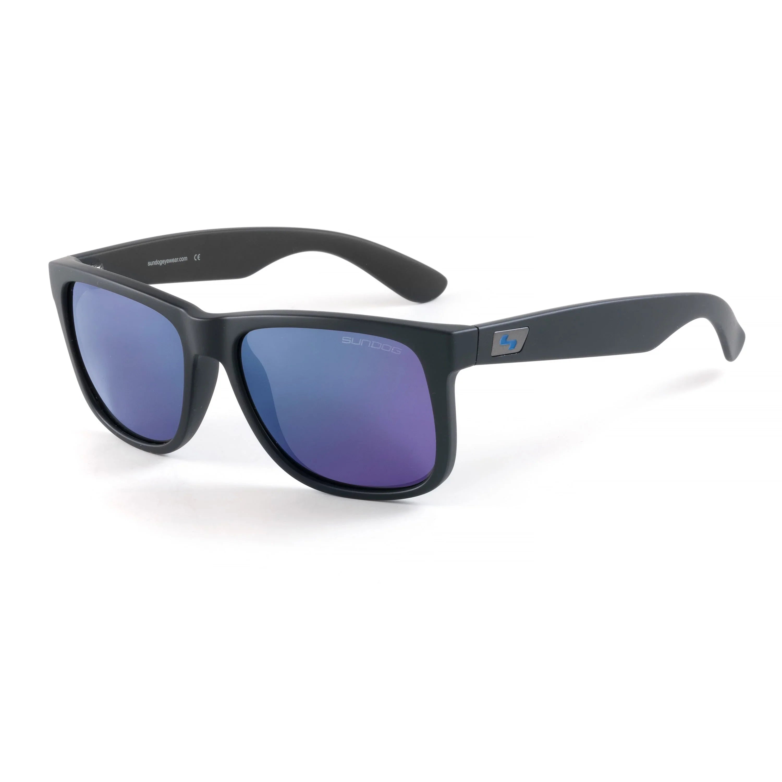 Sundog black frame sunglasses with blue mirrored lenses on white background