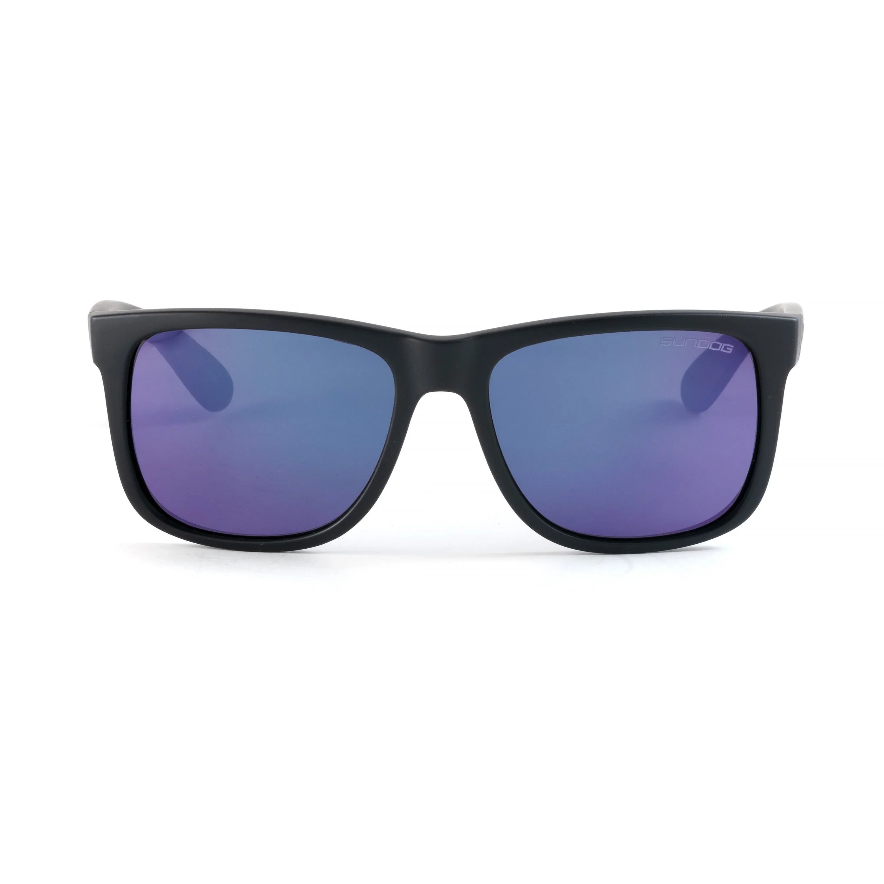 Black frame sunglasses with blue mirrored lenses on white background