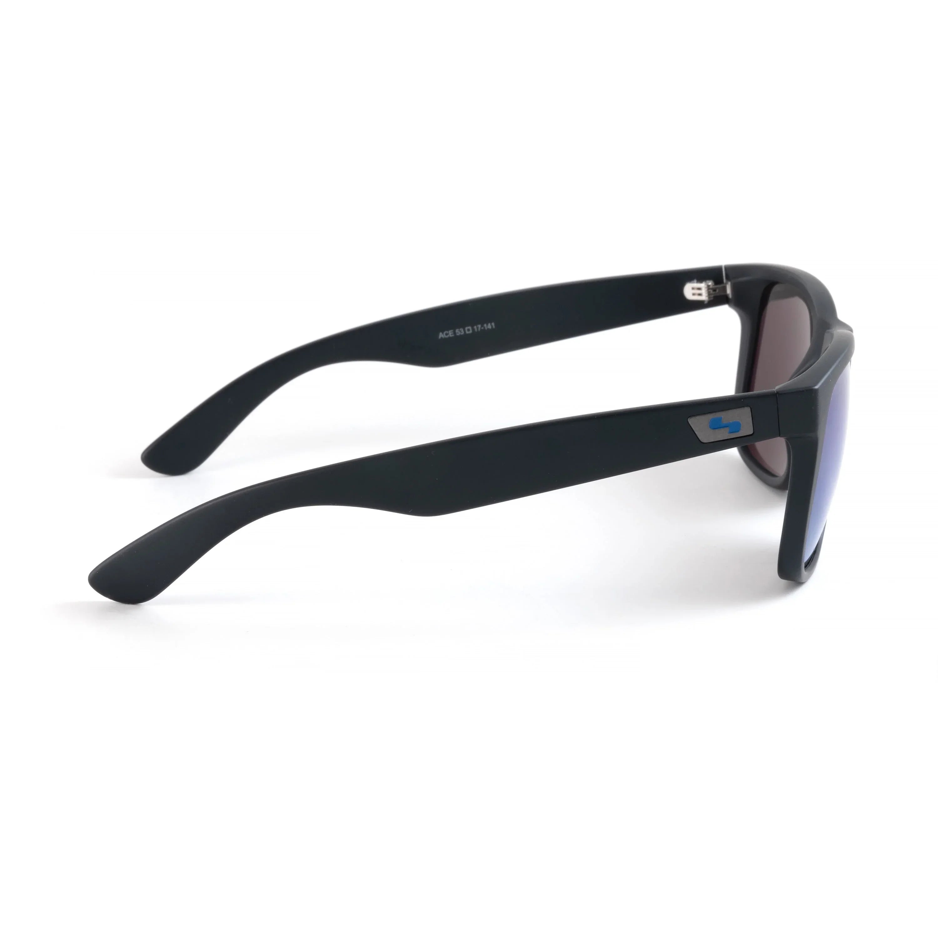 Matte black sport sunglasses with blue mirrored lenses and logo on the temple, side view