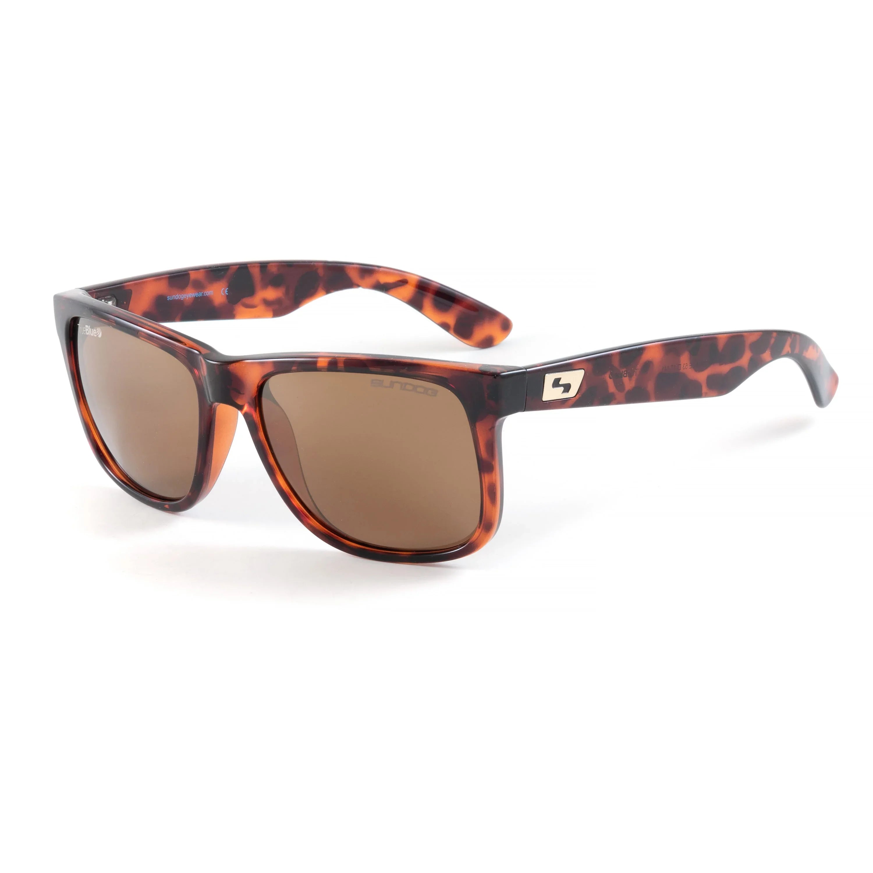 Tortoiseshell frame sunglasses with brown lenses and logo detail on the temple