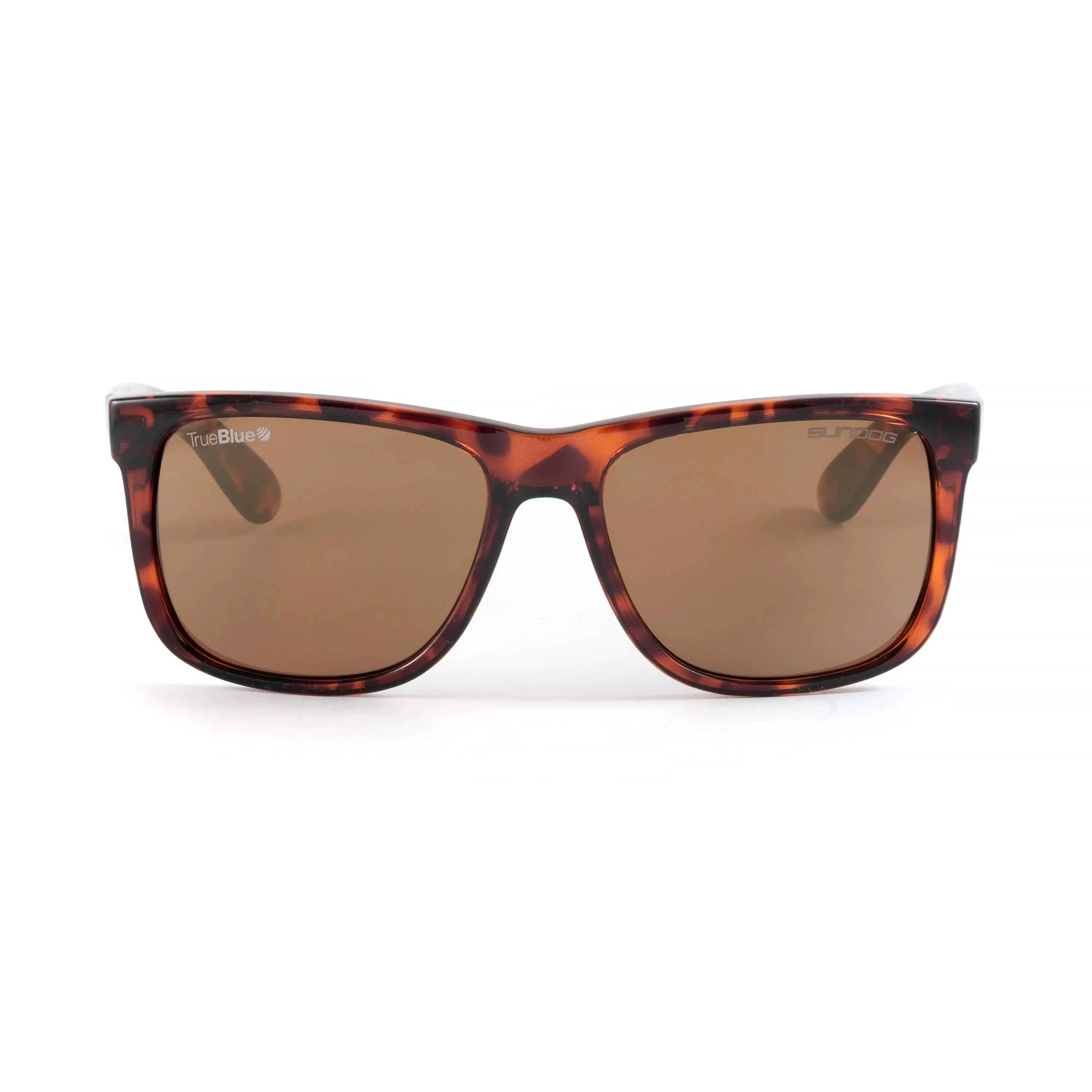 Tortoise shell sunglasses with brown lenses, SunDog TrueBlue eyewear on white background