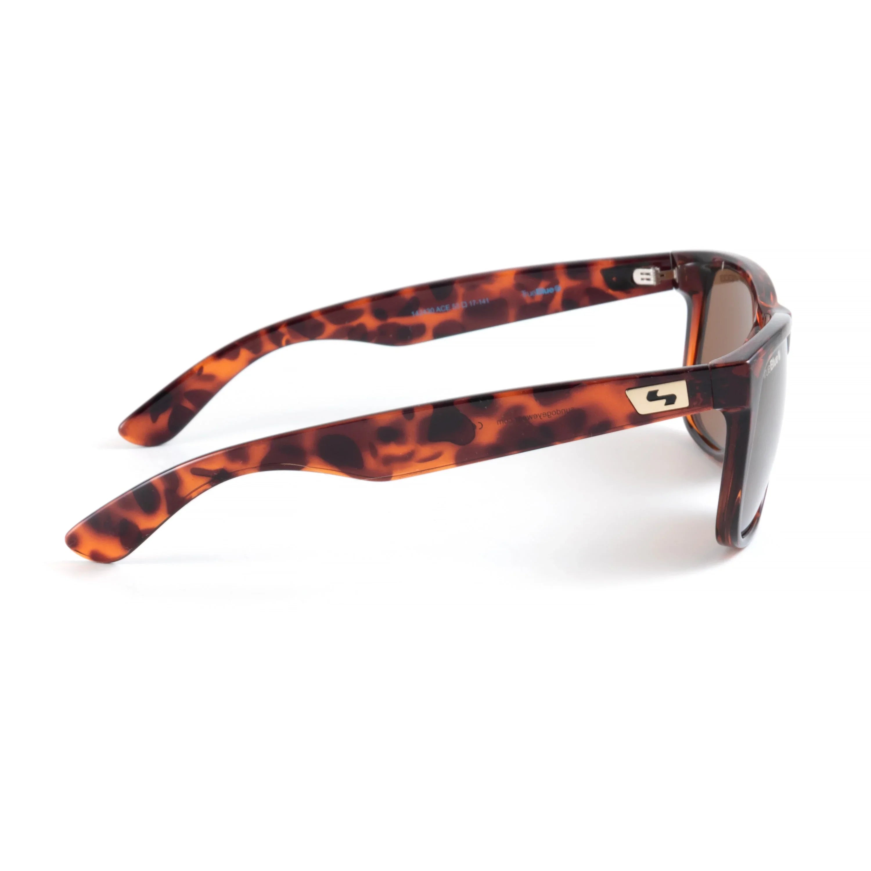 Tortoise shell sunglasses with brown lenses and gold logo on the temple, side view