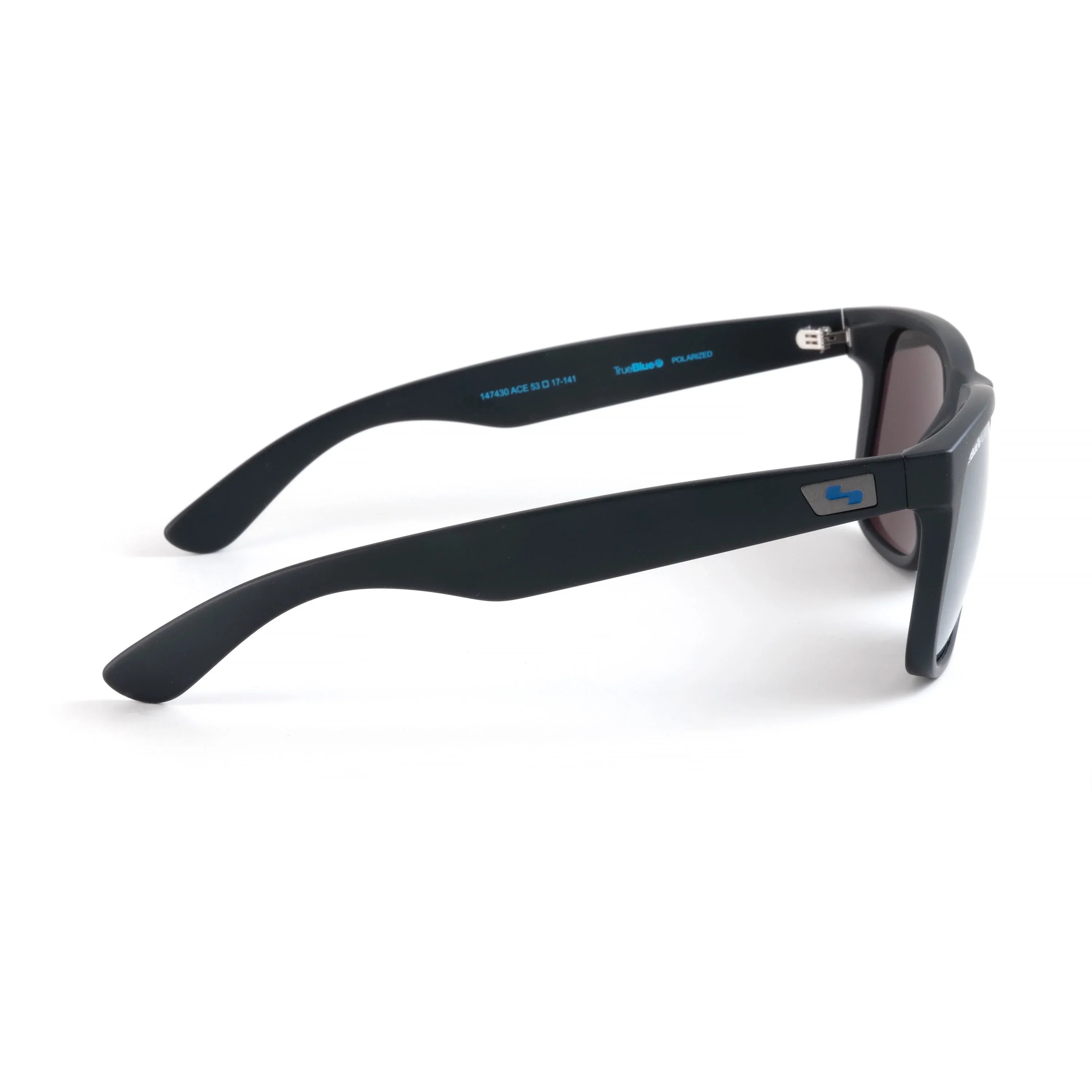 Side view of black polarized sunglasses with blue logo on temple, on white background