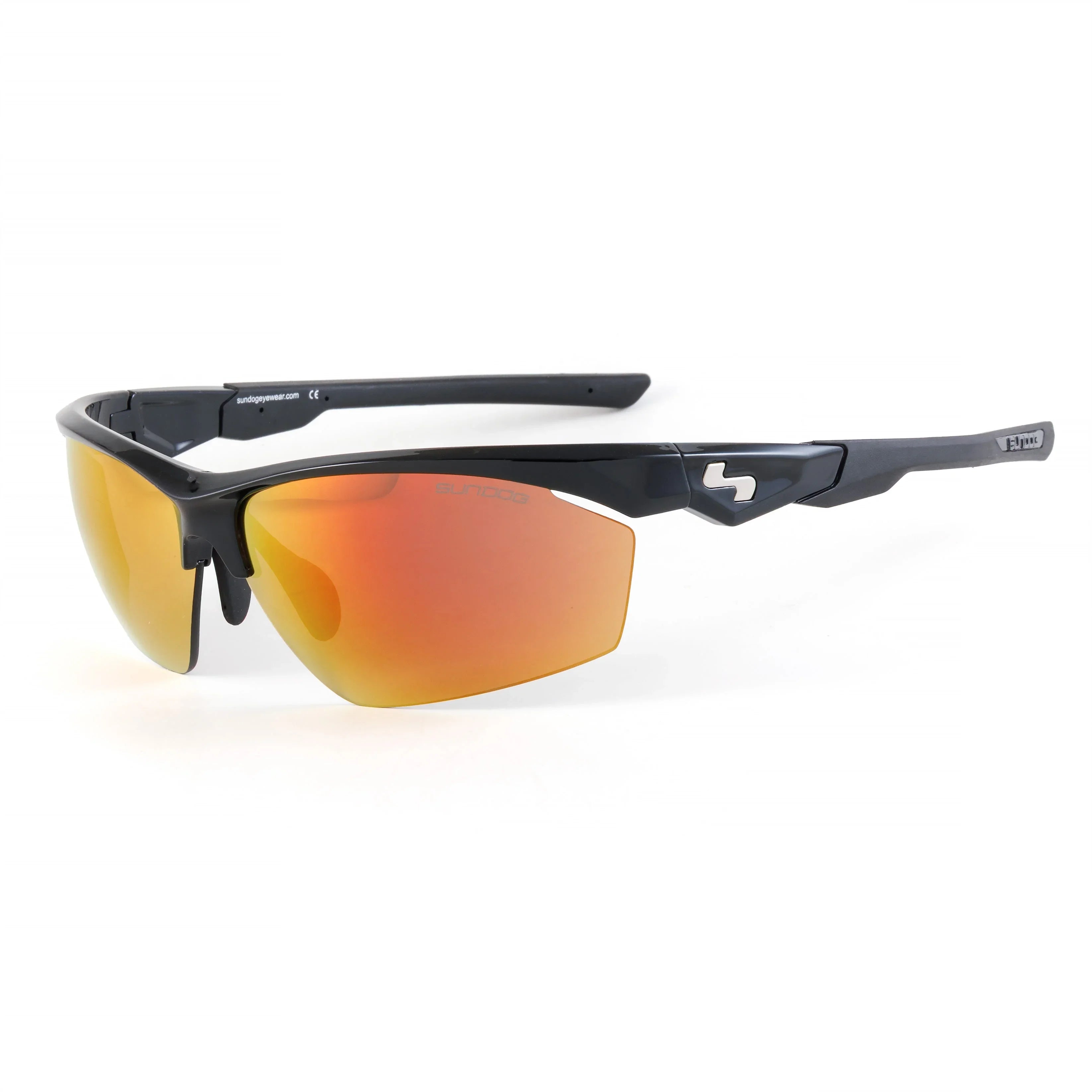 Black sports sunglasses with orange mirrored lenses on white background