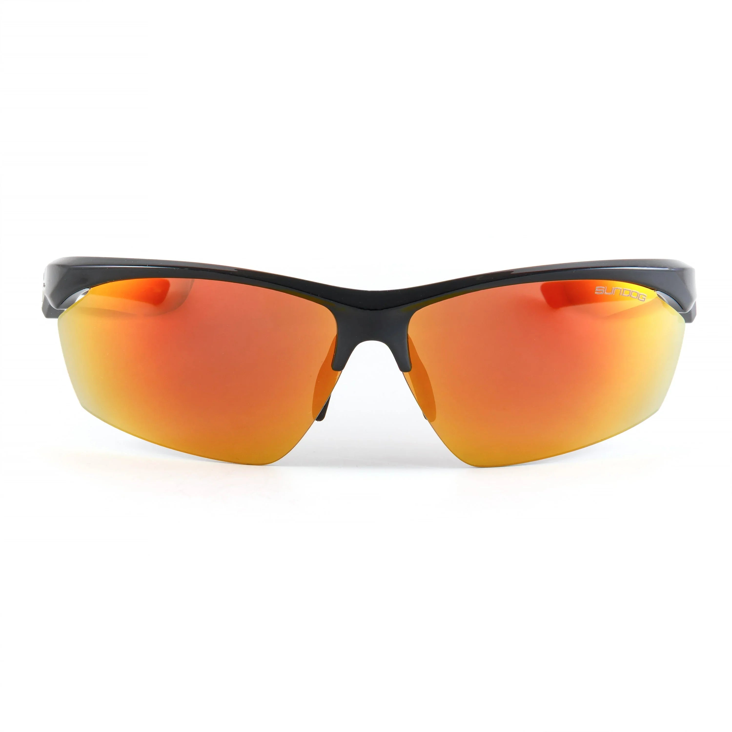 Sporty black sunglasses with orange mirrored lenses, Sundog Alpha eyewear front view