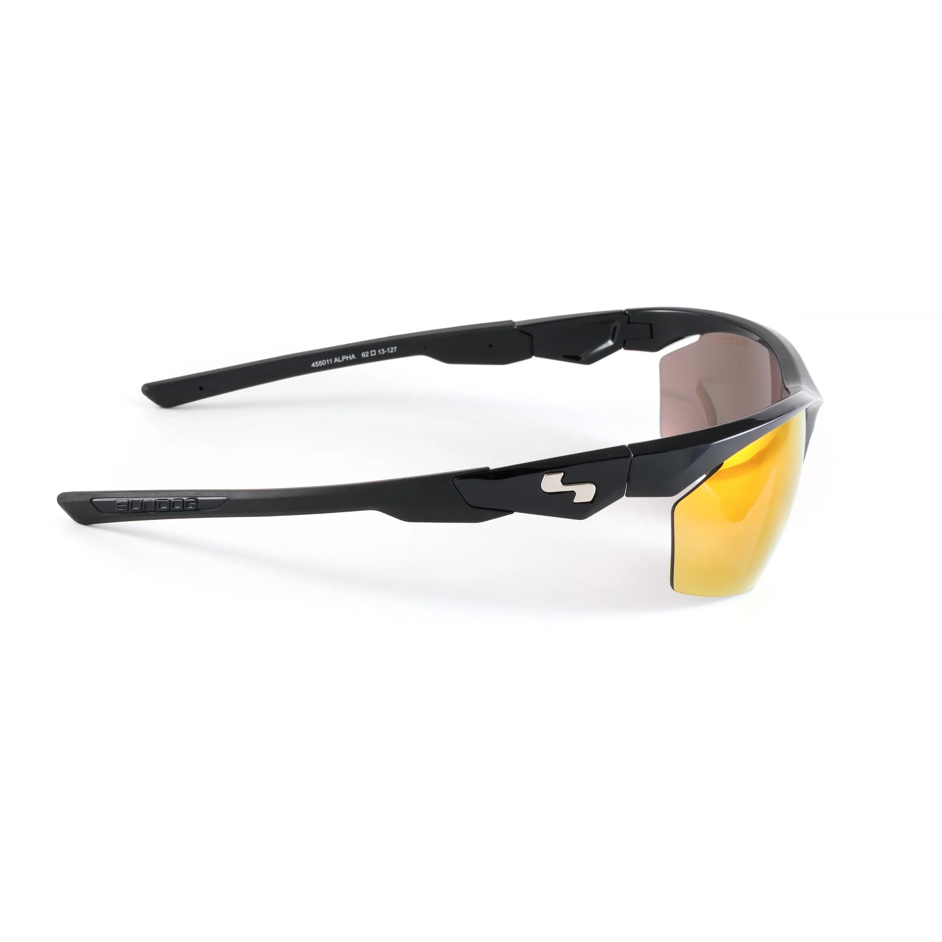 Black sports sunglasses with yellow mirrored lens and sleek frame on a white background