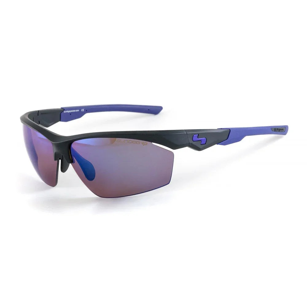 Sundog Alpha sport sunglasses with black and purple frame and mirrored lenses