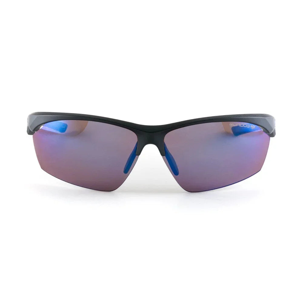 Sundog Alpha black sport sunglasses with mirrored purple lenses on white background
