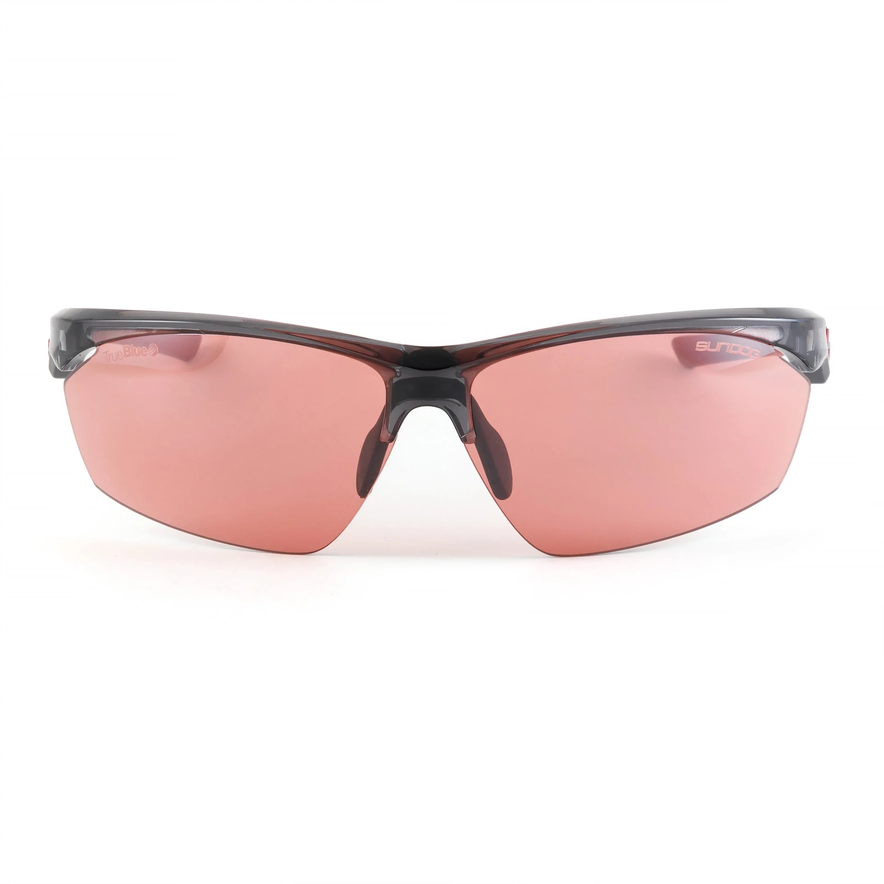 Sundog sports sunglasses with red lenses and black frame on white background