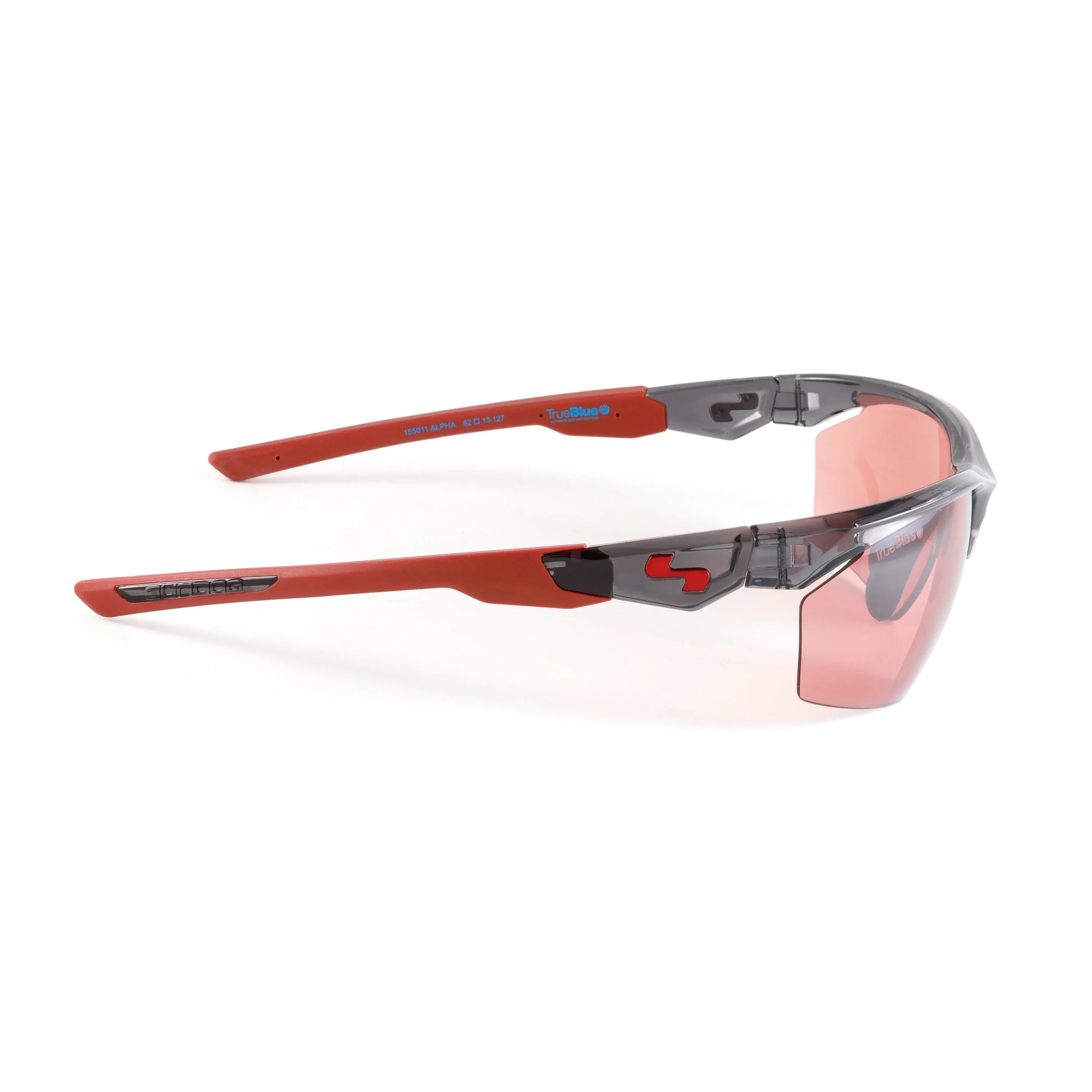 Red and grey sports sunglasses with pink tinted lenses, side view on white background