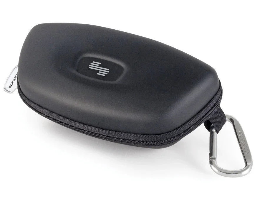 Black hard shell protective case with zipper and metal carabiner clip on white background