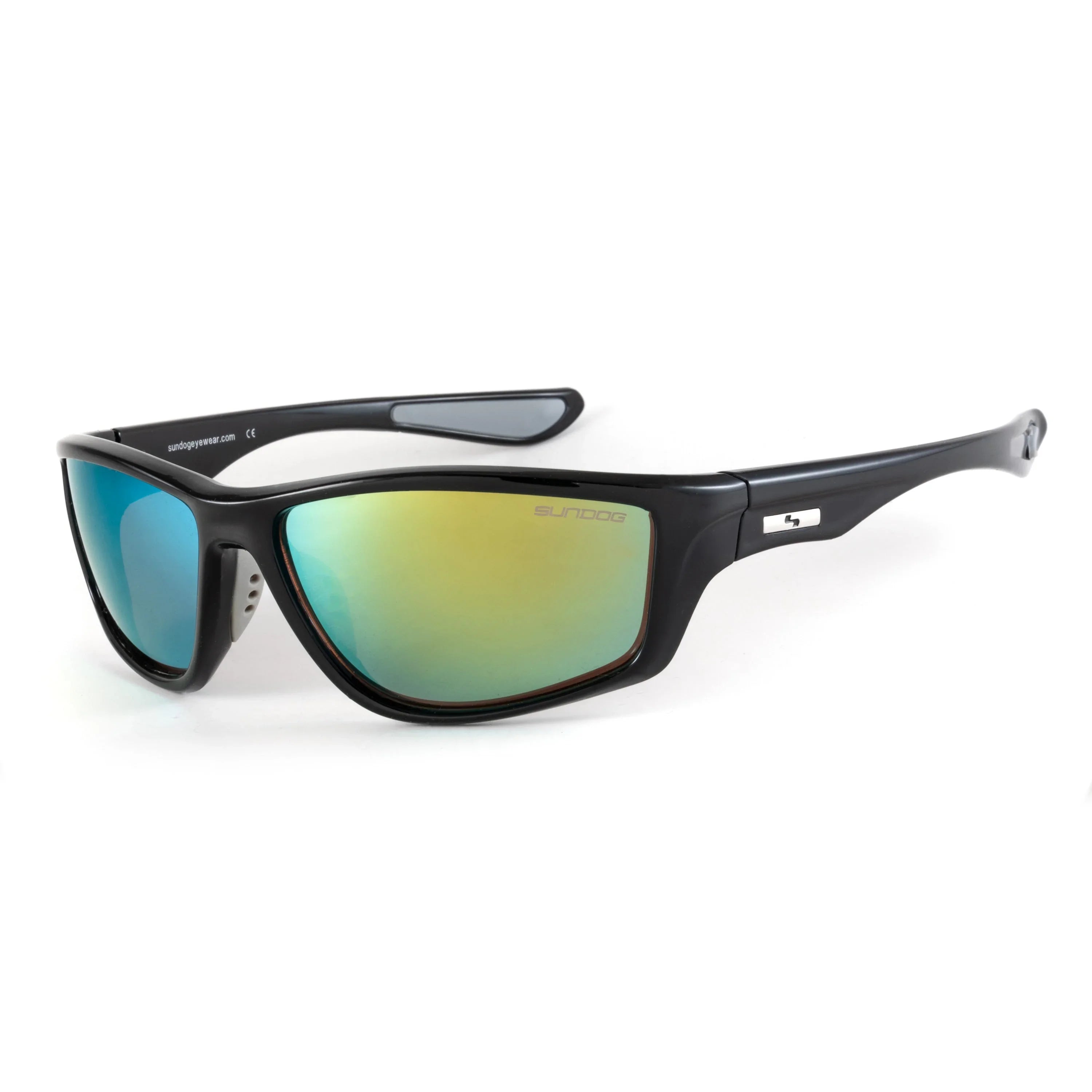 Sundog sunglasses with black frame and mirrored yellow blue lenses on white background