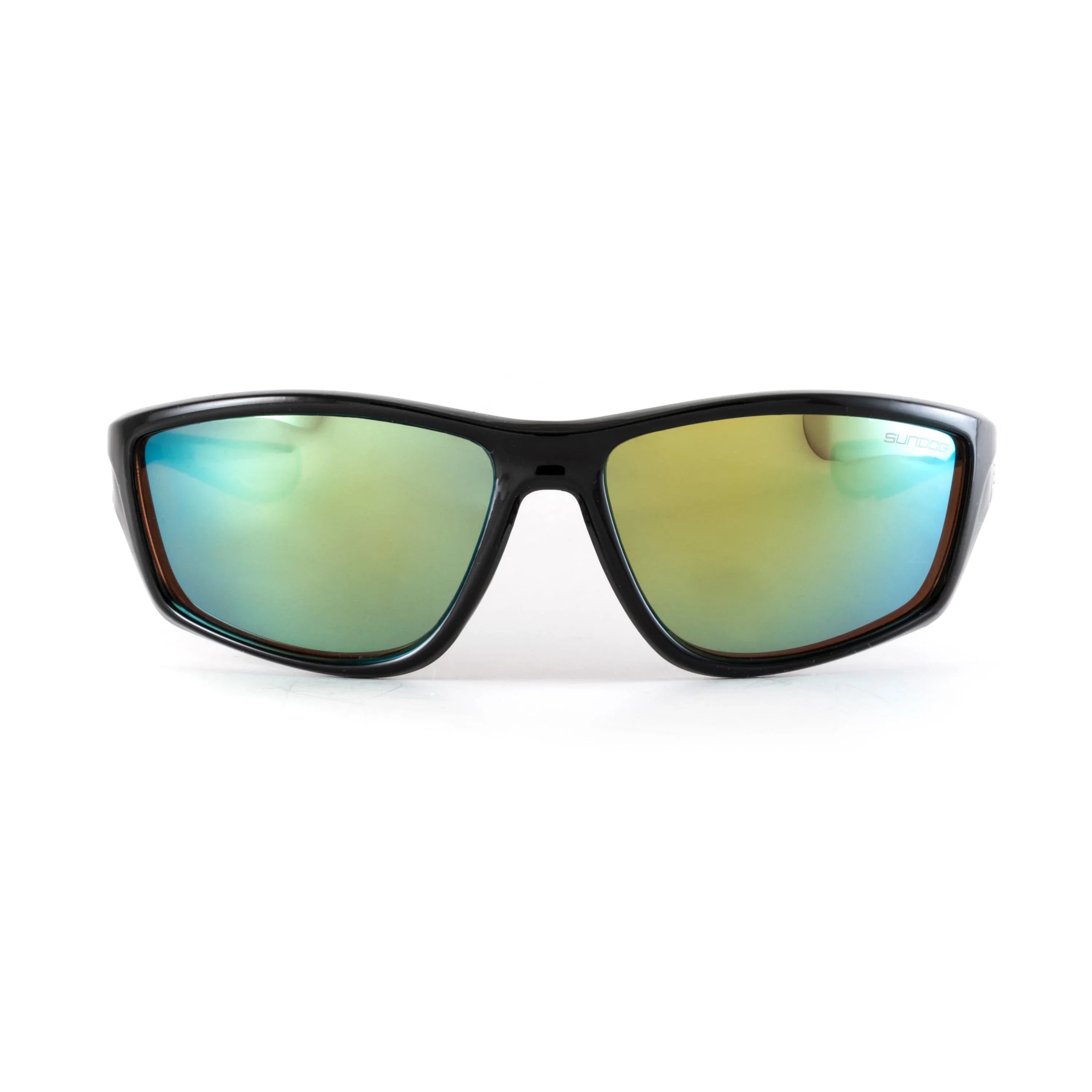 Black frame sunglasses with mirrored yellow-green lenses on white background