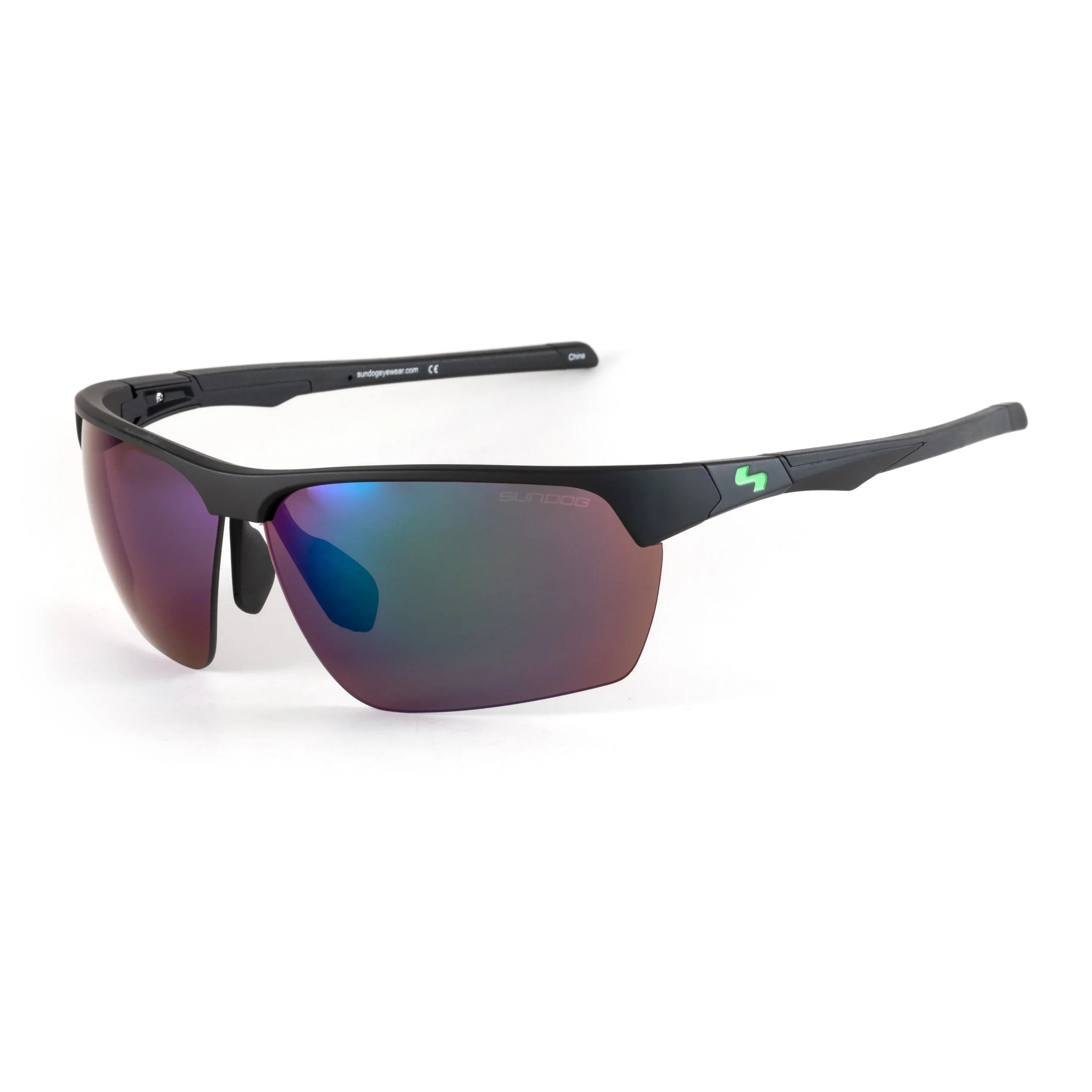 Sundog sport sunglasses with black frame and mirrored lenses on white background