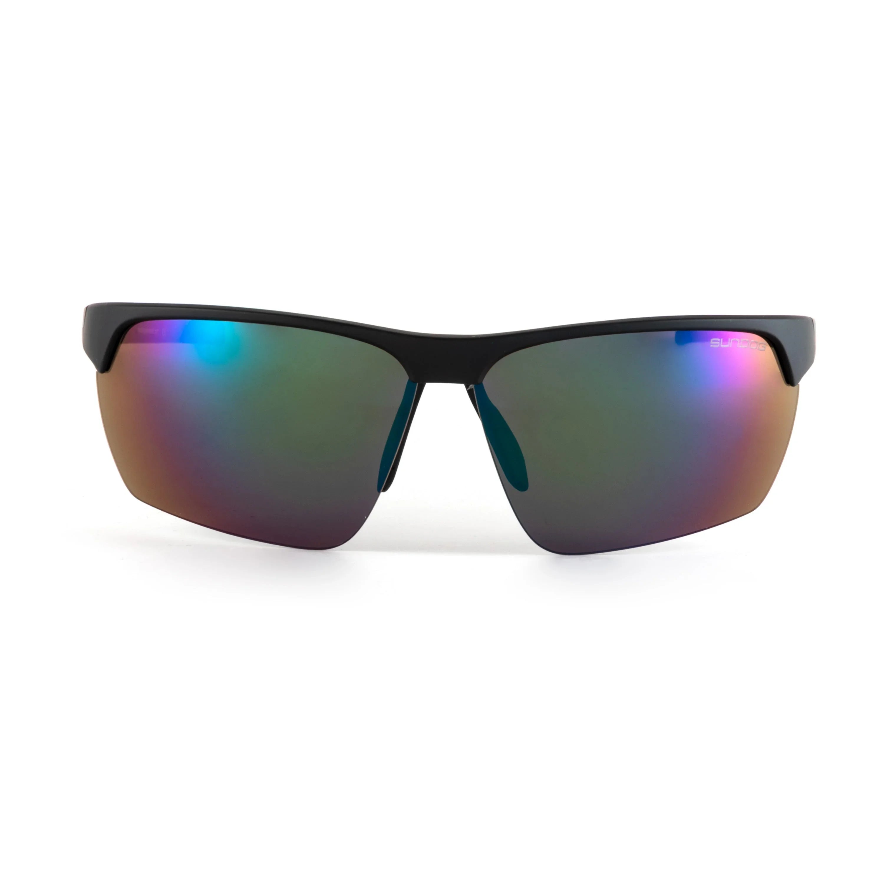 Black sport sunglasses with mirrored rainbow lenses on white background