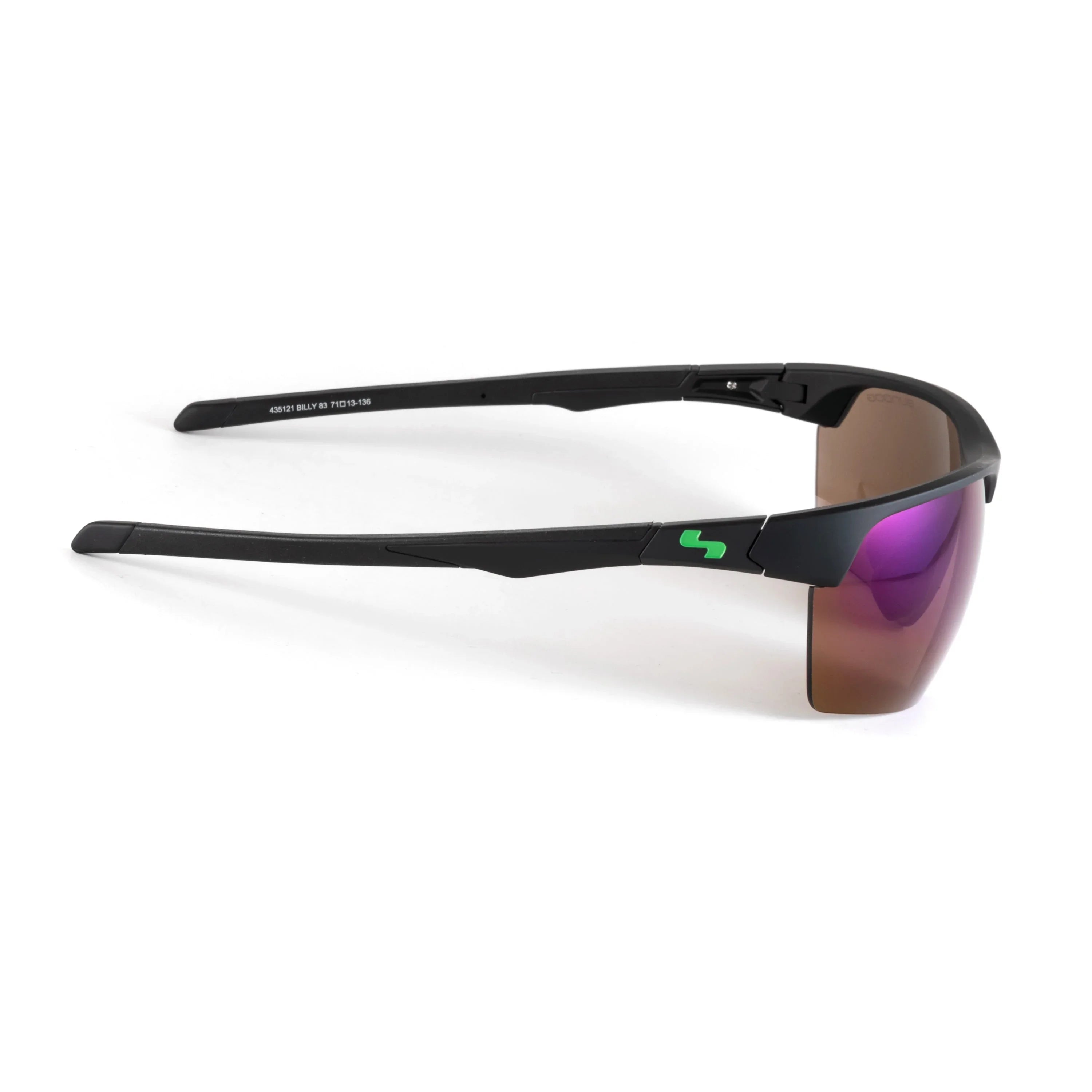Black sports sunglasses with purple mirrored lens and green logo on white background