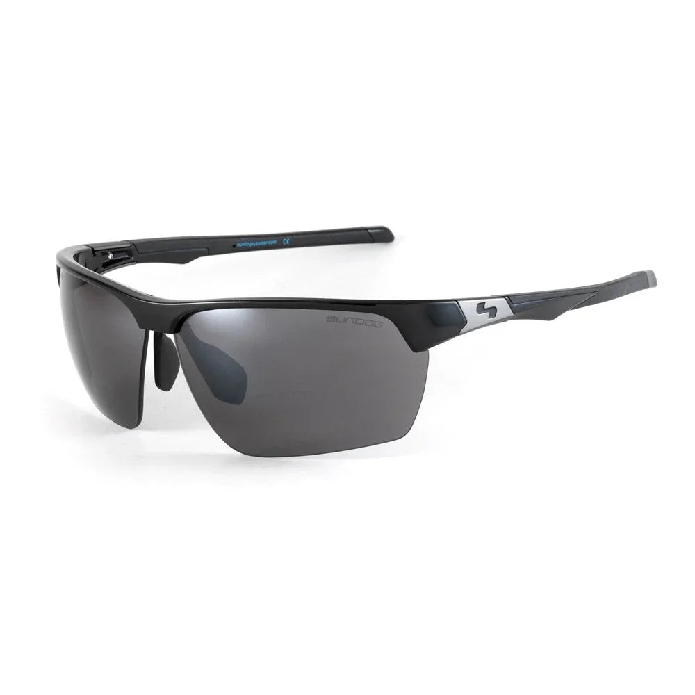 Sundog black semi-rimless sports sunglasses with dark lenses on white background