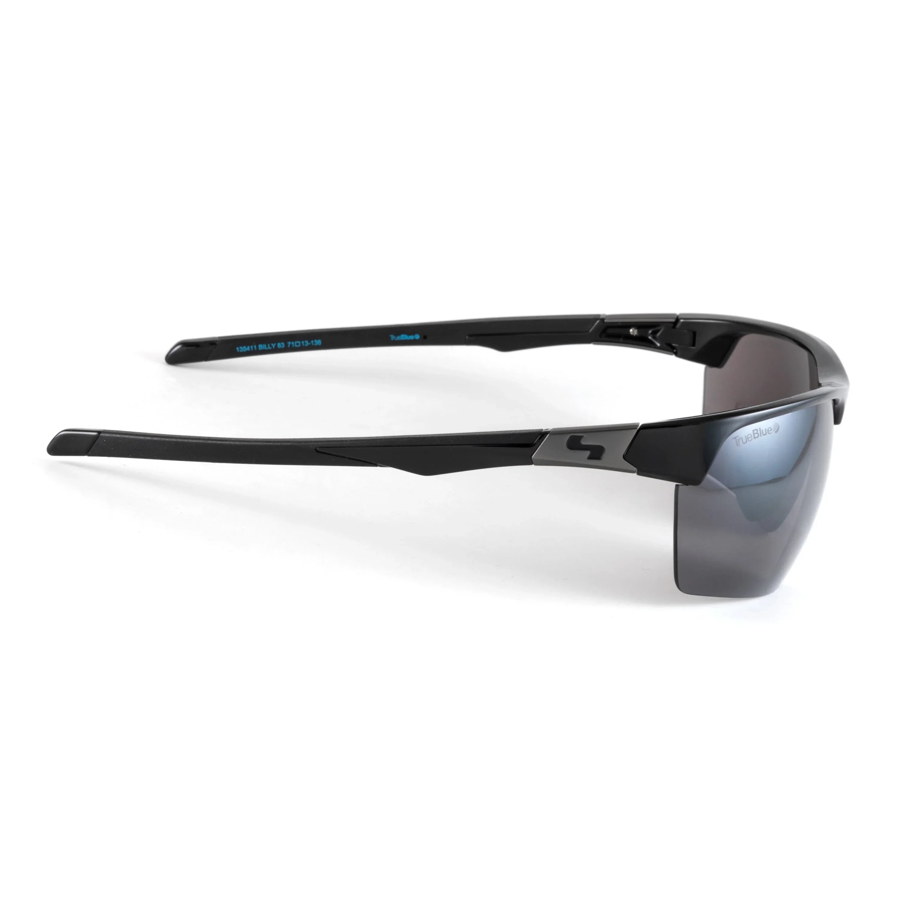 Black wraparound sports sunglasses with mirrored lenses on white background