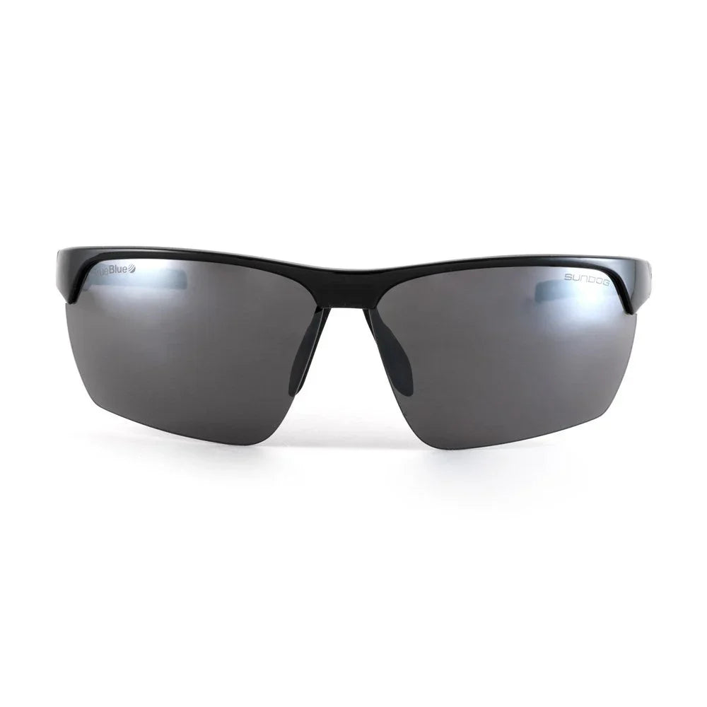 Black wraparound sports sunglasses with dark polarized lenses on white background