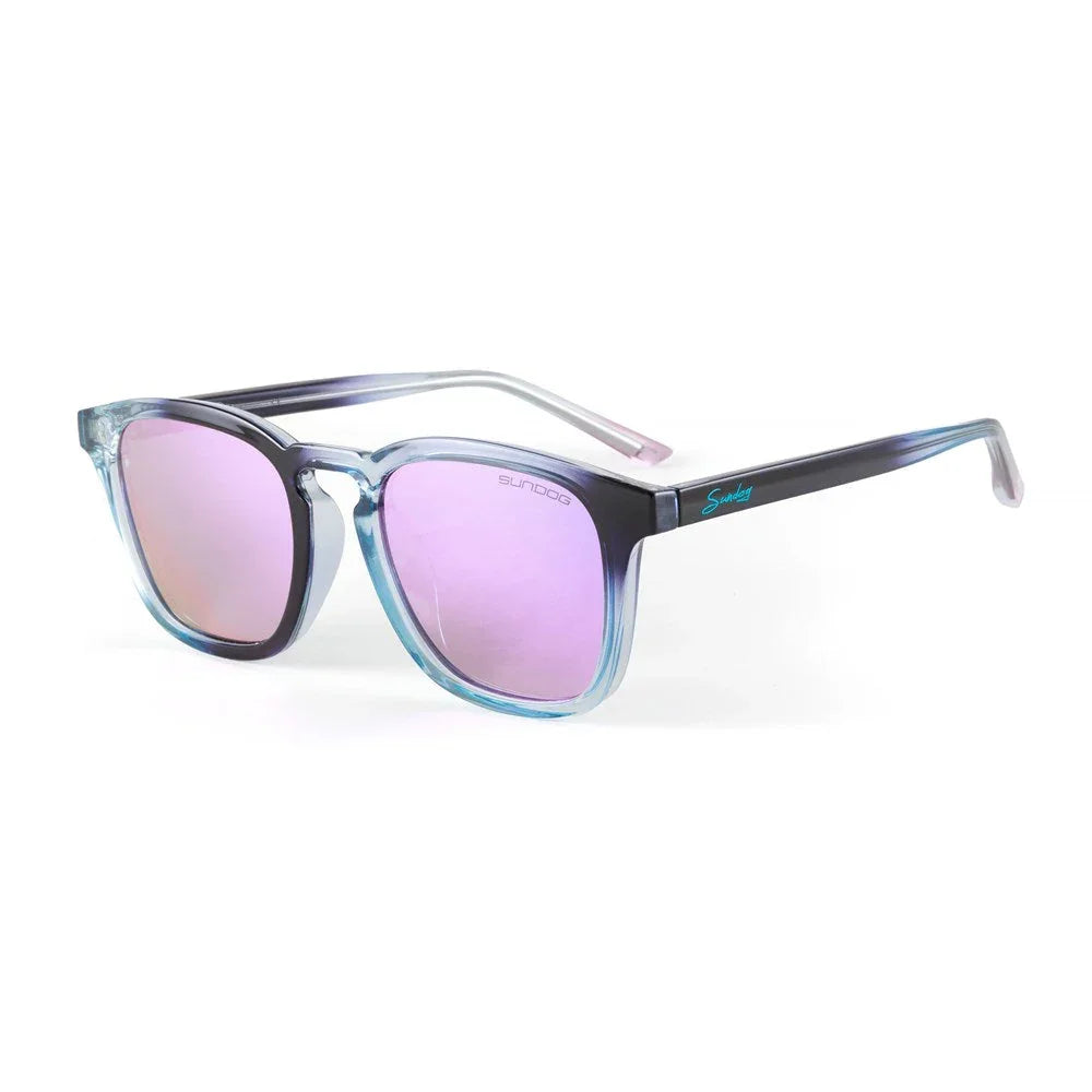 Sundog sunglasses with purple mirrored lenses and translucent blue gradient frame on white background