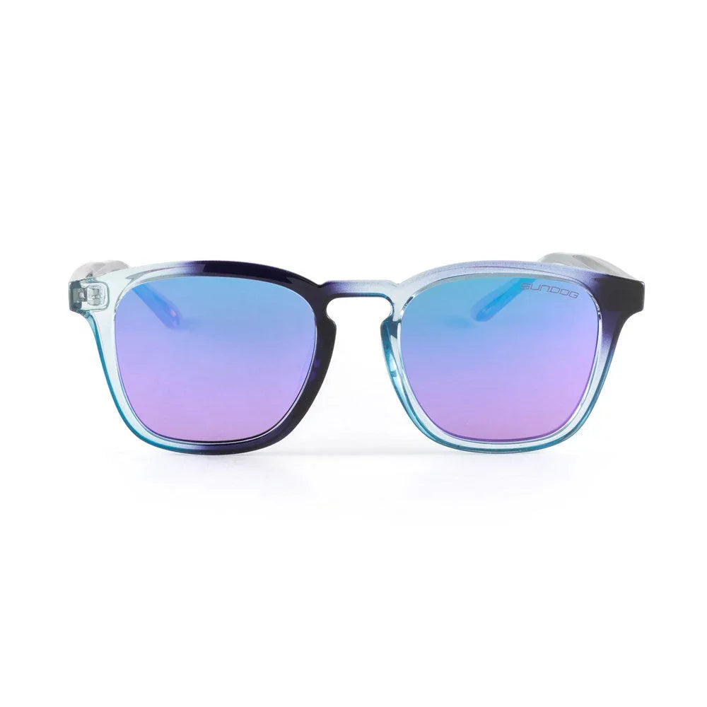 Gradient frame sunglasses with blue and purple mirrored lenses on white background