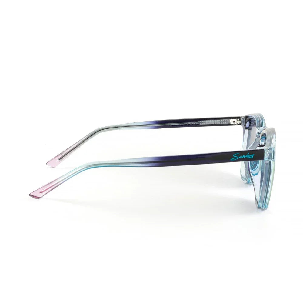 Translucent blue ombre sunglasses with Sunday logo, pink gradient arms, on white background