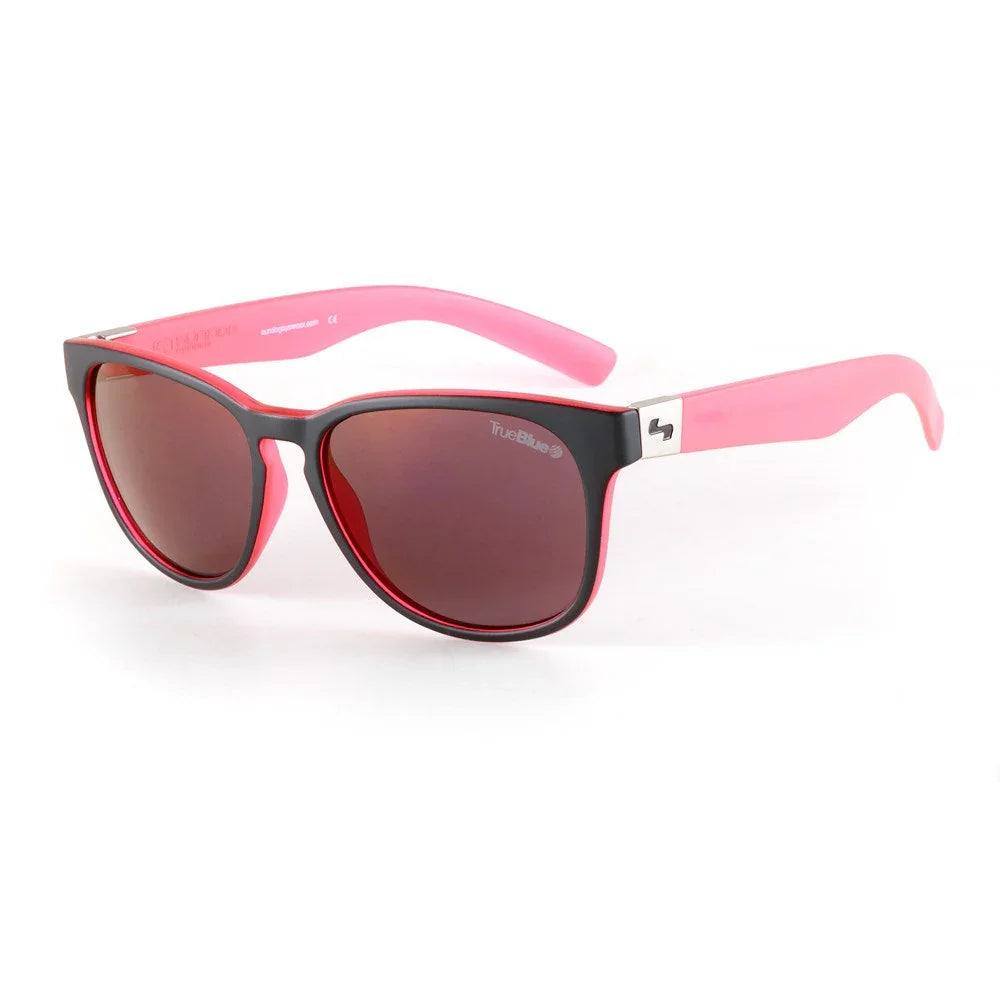 Black and pink wayfarer sunglasses with red lenses on white background