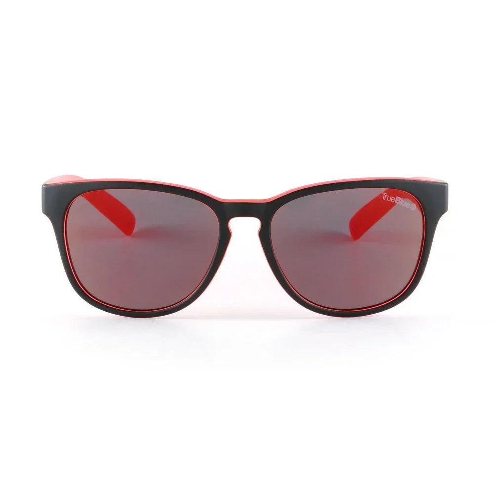 Black and red sunglasses with tinted lenses on white background